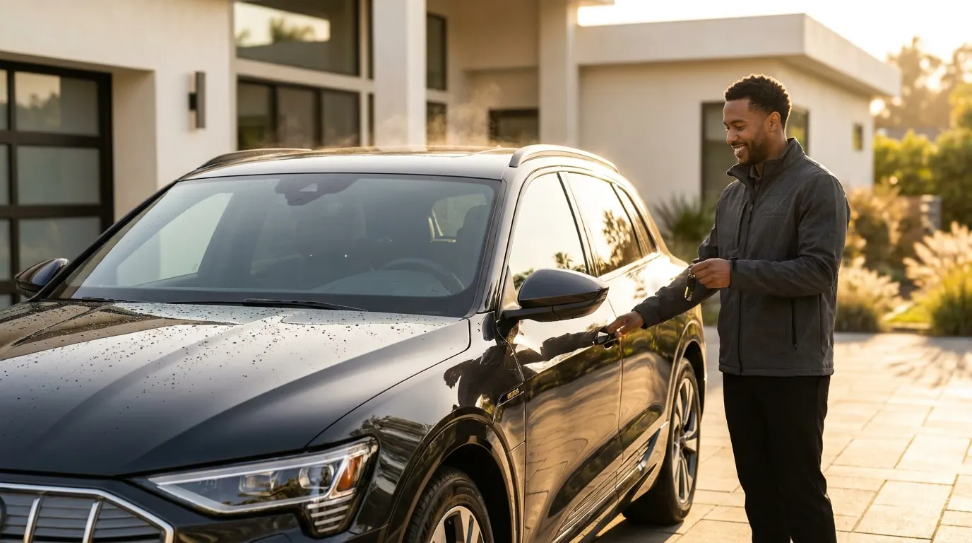 Detailer washing car exterior by hand